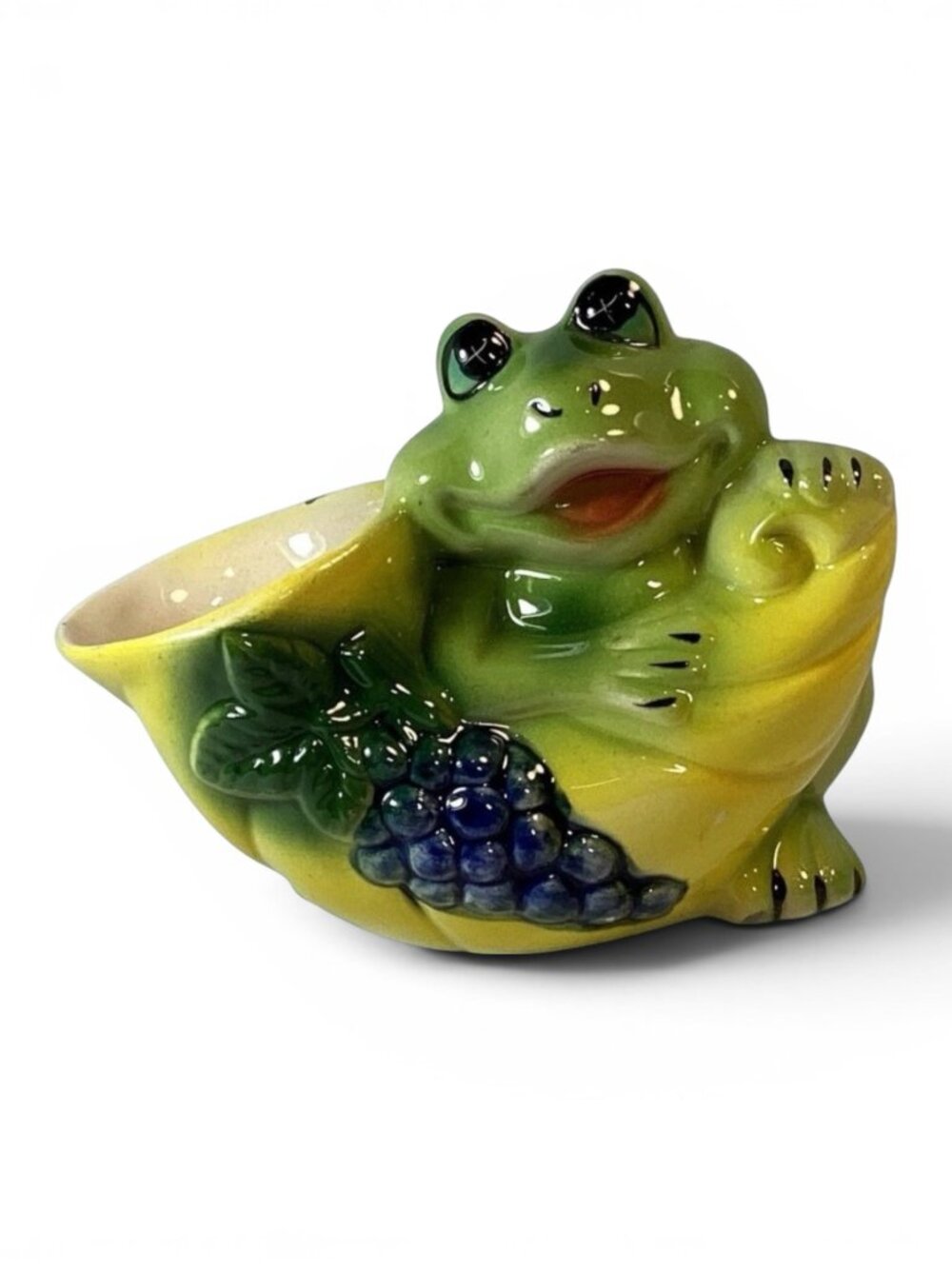 Frog Planter With Horn Of Plenty Grapes Ceramic Vintage 5.5”